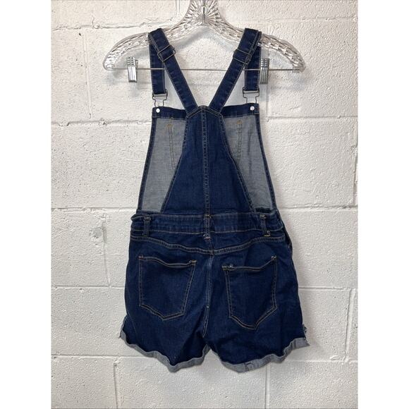 ModCloth Denim Shortall Overall Shorts Womens Medium Blue Stretch Cuffed Bibs E1 - Picture 2 of 13